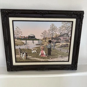 C. Carson dipinto olio incorniciato treno Pepsi-Cola fienile bambini pesca cane 12x16 - Foto 1 di 10