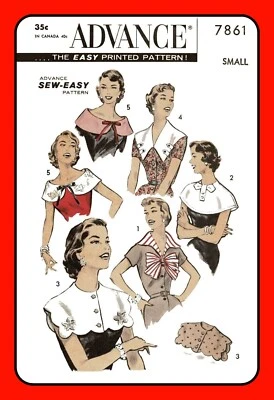 COLLARS Scallop Wing Shoulder Scoop Tab SML Advance 7861 Vtg 50's Sewing Pattern - Image 1 of 4