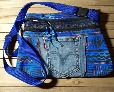 Australian Print Crossbody Purse Repurposed Levi's Pocket Beaded Zipper Pulls - Image 1 of 4