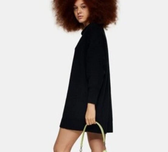 Topshop Oversized Long Sleeve Mini Sweater Dress (23D01TBLK) Women's L Black