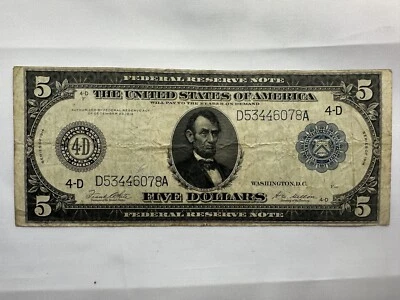 1914 $5 Large Note Federal Reserve Note FRN Blue Seal Lincoln - Image 1 of 4