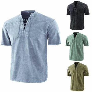 Mens Cotton Short Sleeve Gothic T-shirt Casual V Neck Lace Up Tops Tunic Blouse - Picture 1 of 39