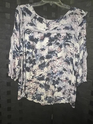 Blusa Top Informal Vintage America Para Mujer Talla XXL Azul Púrpura Borde con Volantes Foto 1 de 4