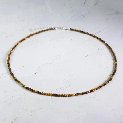 Natural Tiger's Eye 2mm Beaded Choker Minimalist Healing Woman Crystal Necklace - Image 1 of 4