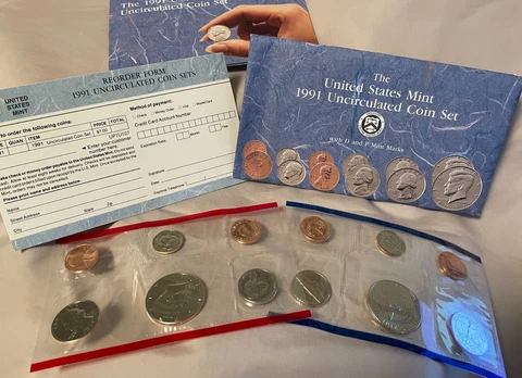 1991 P+D U.S. Mint Set ~ Kennedy Washington Roosevelt Jefferson Lincoln US Coins Cover