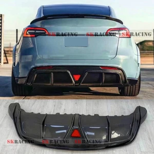 FIT FOR 2020-2023 TESLA MODEL Y REAL CARBON FIBER REAR BUMPER DIFFUSER LIP W/LED - Foto 1 di 11