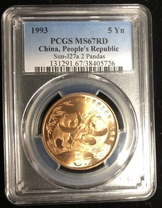 1993 China Copper Panda 5 Yuan Coin PCGS Graded MS67 RD Red Sun-J27a 2 Pandas - Picture 1 of 7