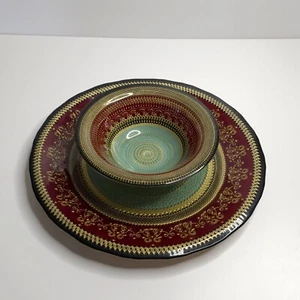 Turkish Delights Ardacam Glass Lacey Serving Plate & Bowl Handmade Red Blue Gold - Picture 1 of 13