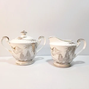 Vintage Kutani China Mt. Fuji Countryside Silver Cream and Sugar Bowl Japan - Picture 1 of 14