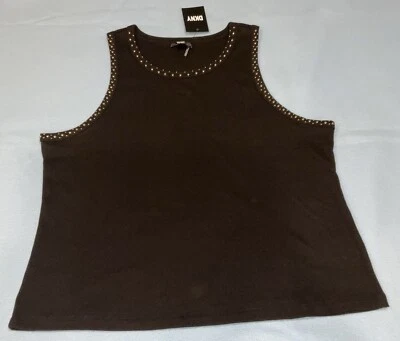 Camiseta sin mangas acanalada negra DKNY NUEVA CON ETIQUETAS con detalles tachonados dorados talla 2X original $69 Foto 1 de 4