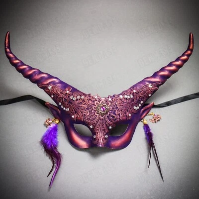 Halloween Women Masquerade Lace Eye Mask Purple Devil Horns Venetian Costume - Image 1 of 4