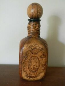 Vintage Italy Leather Covered Bottle Decanter Lion Crest