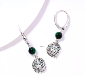 John Hardy JAI Lion Green Agate Tiger's Eye Sterling Silver Earrings 1-5/8" NIB - Picture 1 of 12