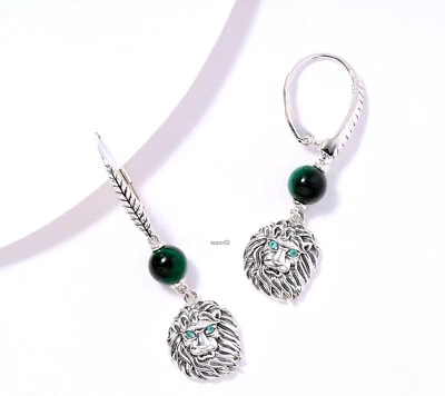 John Hardy JAI Lion Green Agate Tiger's Eye Sterling Silver Earrings 1-5/8" NIB - Image 1 of 4