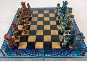 Vintage Handmade Chess Set Aztec Mayan Spanish Ceramic & Wood (Read) - Picture 1 of 8