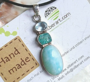 Groß Kettenanhänger Multistone Schlicht Design Silber Larimar Apatit Topas Blau - Bild 1 von 7