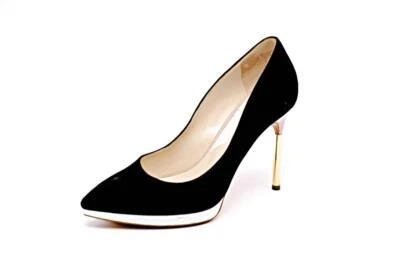 POLLINI 黑色麂皮绒白色专利厚底金色装饰 3.5 英寸高跟鞋 38.5 码 — 第 1/4 张图片