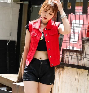 Nuevo Sexy Mujer Niña Sin mangas Cuello Grande Rojo Jeans Denim Mini Chaleco Prendas para el torso - Imagen 1 de 12