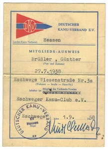 Tarjeta de miembro - Asociación Alemana de Canoas e.V. - Hesse - Eschwege - 1959 - Imagen 1 de 2
