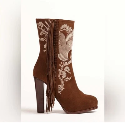 Фиолетовый ярлык Ralph Lauren коричневый замшевый птица вышивка бахрома платформе загрузки NEW37 - Изображение 1 из 4