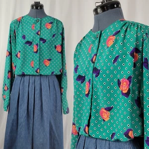 Vintage Preferred Classix Green Collarless Blouse w Squares & Roses Size 10 - Foto 1 di 19