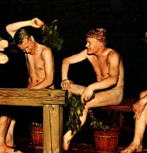 Vintage Postcard Smoke Sauna Finland Suomi Sauna Whisk Venik Birch Oak Branches - Picture 1 of 3