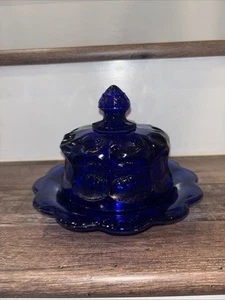 Vintage Mosser Cherry Thumbprint Cobalt Blue Glass Covered Butter Dish - Picture 1 of 8