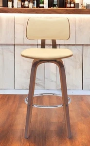 30" Cream And Wood Brown Faux Leather Swivel Low Back Bar Height Bar Chair - Picture 1 of 11