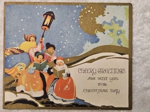 Cheery Greetings Art Deco Christmas Day Vintage Postcard 1910’s Carolers  - Picture 1 of 2