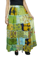 Bohemian Green Maxi Skirt Patchwork Vintage Printed Boho Long Skirts S/M