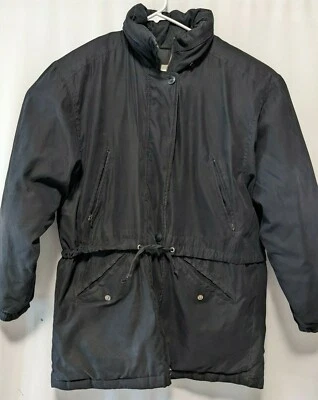 Vintage London Fog Men Down Parka Jacket Black Microfiber Drawstring Size L Flaw Foto 1 de 4