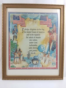 Vintage 1980'S PLEADGE OF ALLEGIANCE  Framed Art Print Signed Wood Frame 18"X22" - Picture 1 of 9