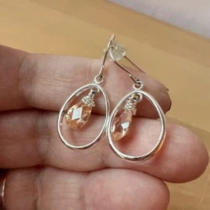 VINTAGE CHAMPAGNE PEACHY COLOR CRYSTAL DANGLE DROP EARRINGS 925 SS - Picture 1 of 9