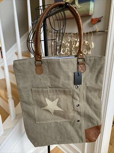 WEATHERED CANVAS COTTON SHOULDER TOTE BAG W/LEATHER TRIM-URBAN LOOK W/STAR NEW - Picture 1 of 13