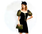 1980s Black Velvet Gold Sequin Dress Vintage Roberta Sweetheart Puff Sleeve Bow 