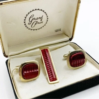 Vtg Swank Grand Prix gold tone red acrylic MCM cuff links and tie bar set in box - Image 1 of 4
