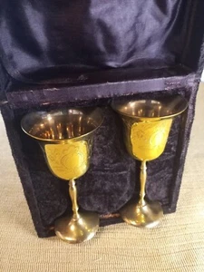 2 Silver Plate Brass Goblets with Purple Velvet Case Medieval Wedding, Ren Faire - Picture 1 of 10