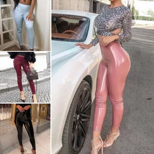 Women Wet Look PU Leather Pants Ladies Slim Leggings High Waist Stretch Trousers - Picture 1 of 18