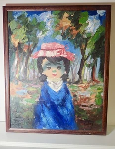 original canvas oil painting of Big Eyed Girl with Pink Hat & Blue Coat signed - Picture 1 of 9