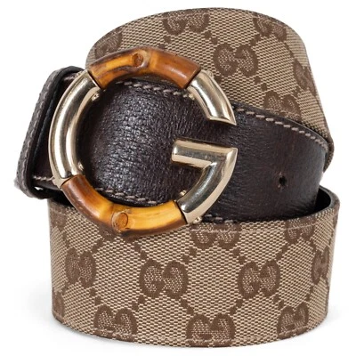 71495 auth GUCCI ebony & beige GG Monogram canvas BAMBOO Belt 85 / 34 - Image 1 of 4