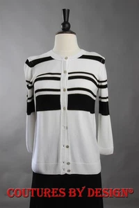 Maglione St John Knits a righe nero bianco oro metallizzato taglia Petite nuovo con etichette $595 - Foto 1 di 2