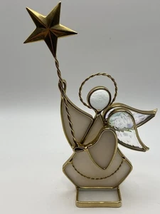 "Estatuilla de ángel de vitral de colección con estrella de metal dorado, alas iridiscentes, 6,5""" - Imagen 1 de 7