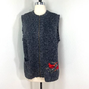 Woolrich Heather Red Embroidered Cardinal Knit Vest XL Zip Front Pocket Holiday - Picture 1 of 13