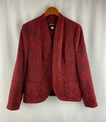Jaqueta de veludo Coldwater Creek feminina grande 14-16 vermelha floral forrada bolsos em excelente estado usado - Imagem 1 de 4