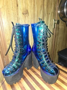 Metallic Iridescent Blue Green Platflorm Lace-up Boots Dolls Kill Festival Sz 8M - Picture 1 of 10