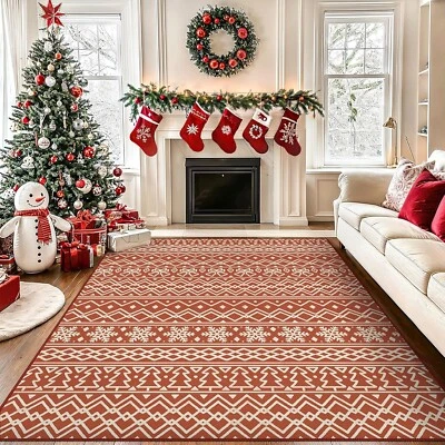 Bavni Holiday Christmas Area Rug Washable 8'x10' Fireplace Living Room Red - Image 1 of 4