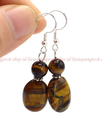 Natural Tiger's Eye Teardrop Dangle Earrings Brown Gemstone Drop Earrings - Image 1 of 4