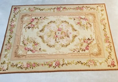 Vintage French Aubusson Style Floral Champagne Rug with Pink Roses & Florals 6x9 - Image 1 of 4