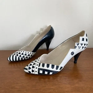 Vintage 80s PARADOX By Zalo BLUE/White LEATHER Geometric PUMPS Heels SHOES 7.5M - Picture 1 of 18