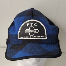 VTG FTC Patch Blue Buffalo Plaid Farm Stocking Hunting Cap Back w/Ear Flaps Hat